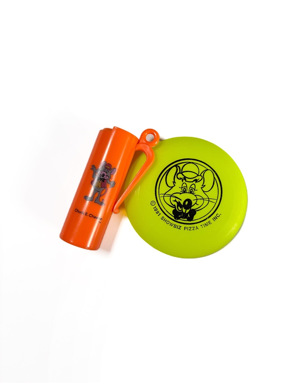 Vintage 90s Chuck E Cheese Token Dispenser Orange Mini Frisbee Yellow
